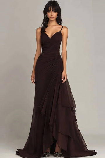 Dark Brown Spaghetti Straps A Line Ruffled Long Formal Dress